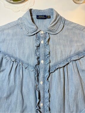 Polo by Ralph Lauren Light Blue Ruffle-Trim Button Down Shirt